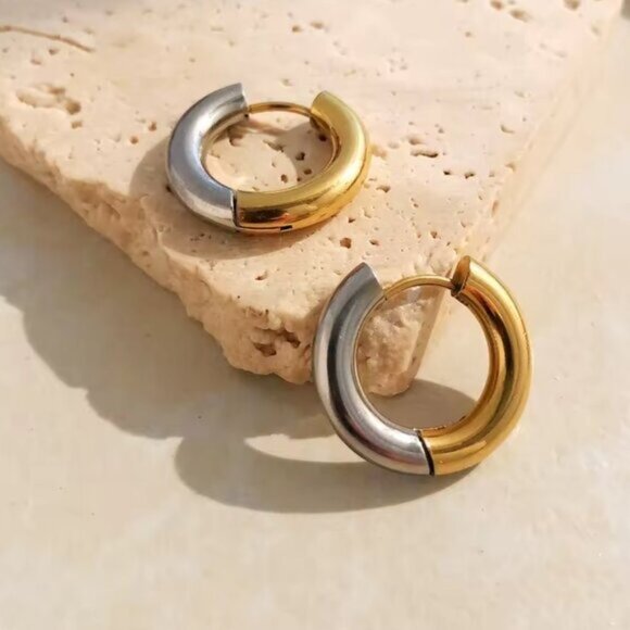 Chunky Mixed Metal Hoop Earrings Gold Silver Reversible Waterproof Hoops Classic - Picture 3 of 13